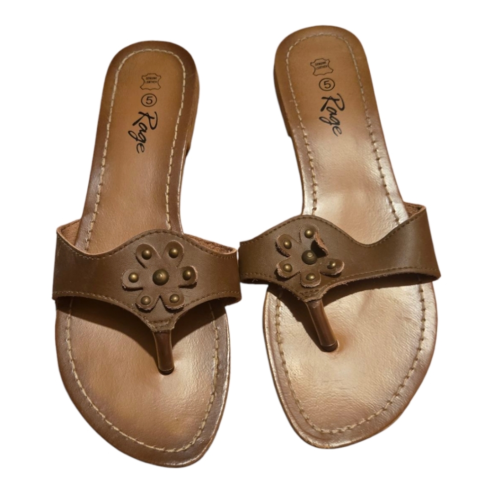 🌟RAGE Brown Leather Sandals with Floral Cutouts